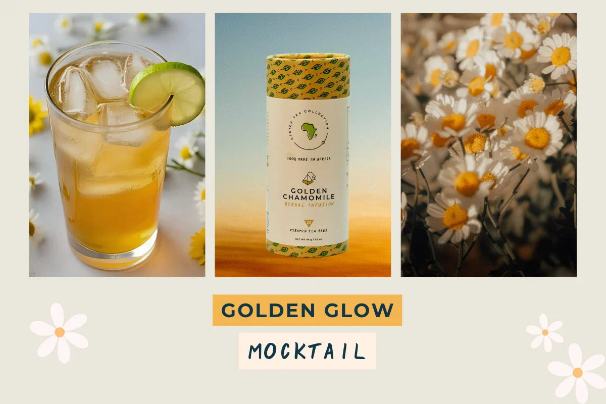A summery scene with blooming chamomile flowers, a warm golden cup of chamomile tea, and a cool, refreshing chamomile mocktail served with ice and lemon.