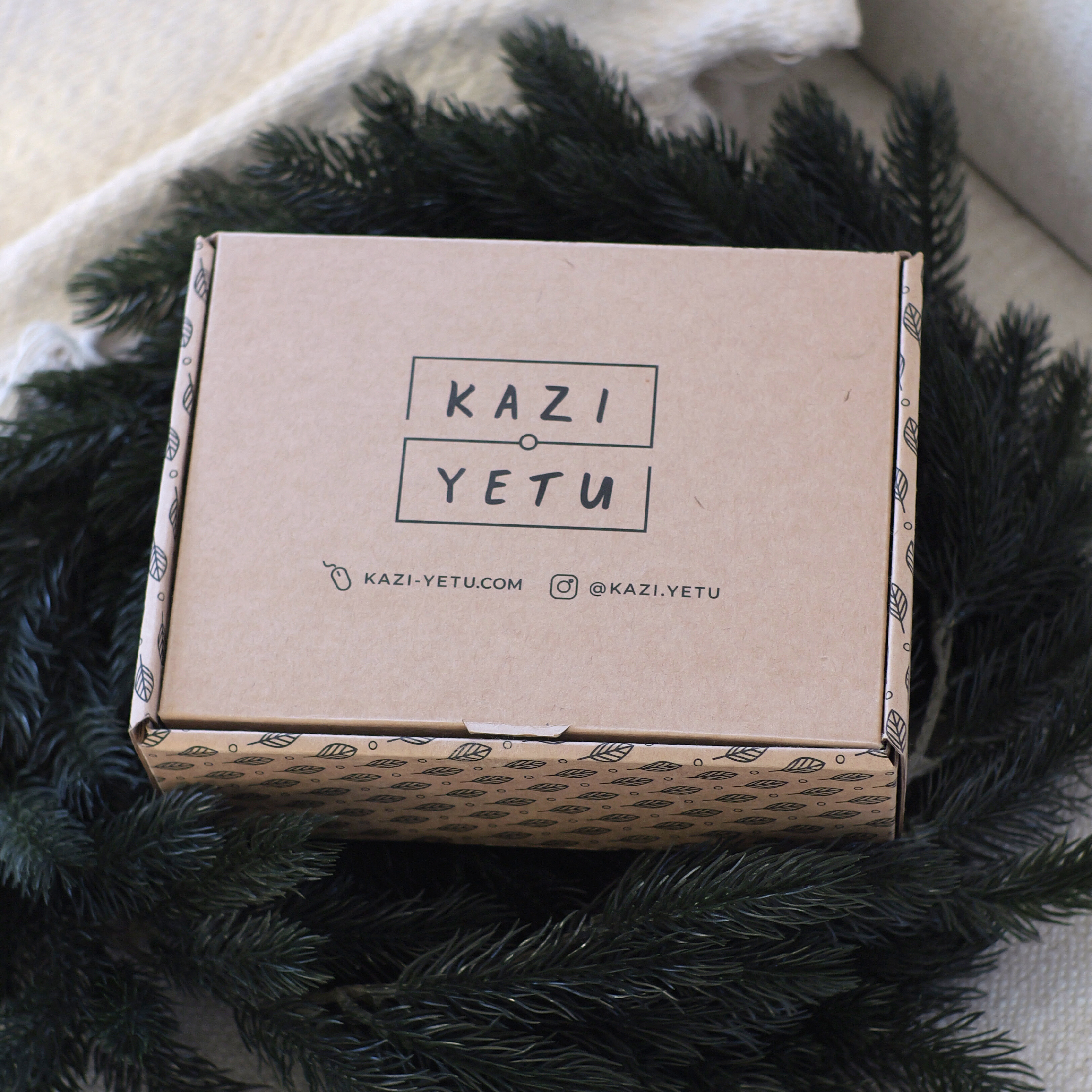 Kazi Yetu cardboard box on a textured surface with greenery