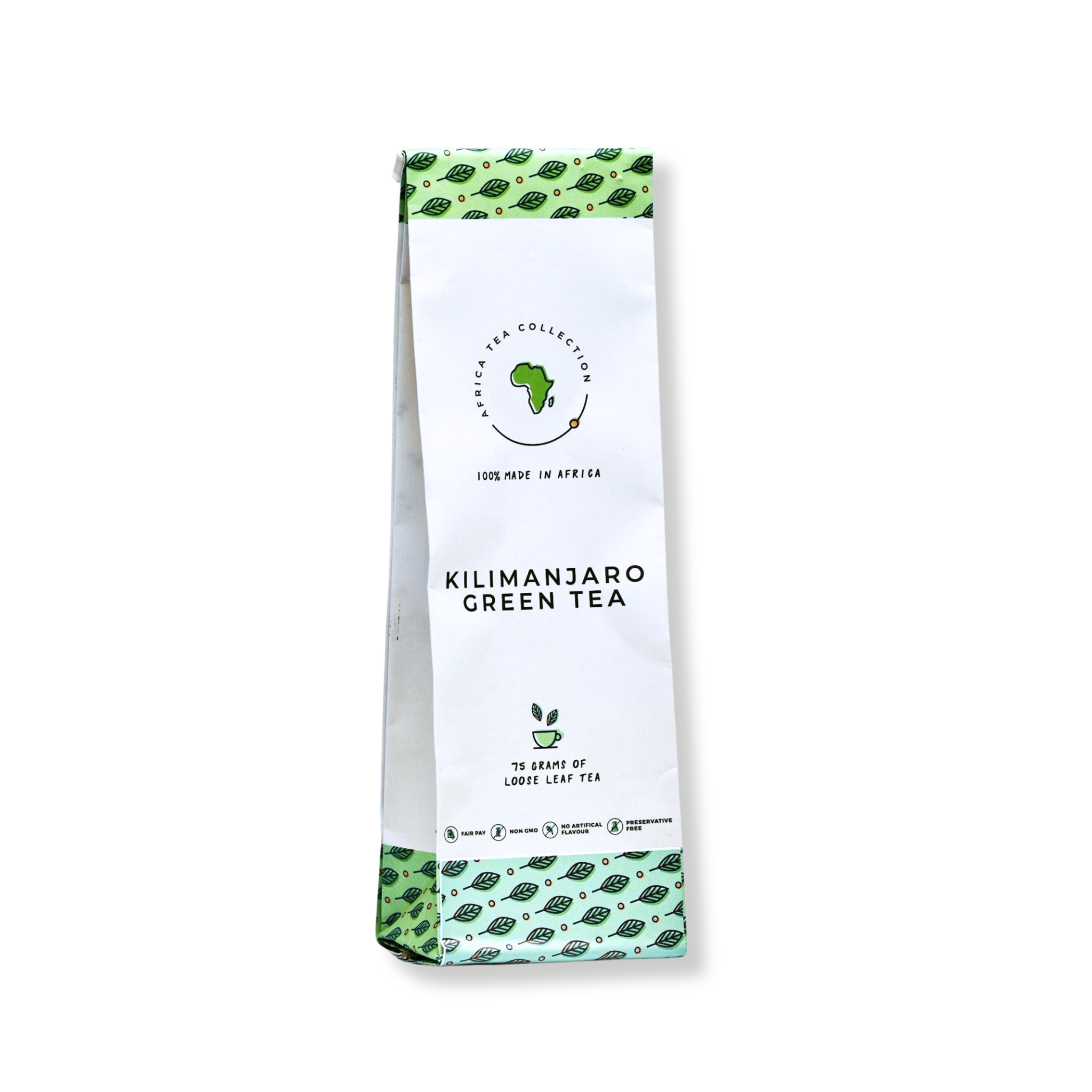 Kilimanjaro Green Tea package with green leaf pattern on a white background